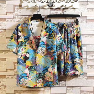 Heren set korte mouw Hawaiiaanse shirt en shorts zomer casual floral shirt strand tweedelige pak 2021 nieuwe mode mannen sets x0610