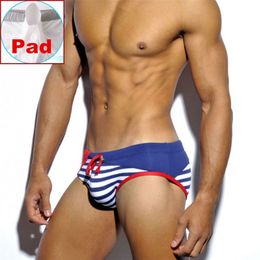 Heren Sexy Bikini Pad Swimwear Men Striped zwembroeken Trunks Beach Shorts Swimpakken Zwembroek Brief Gay Male Beachwear 220505