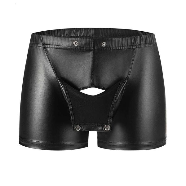 Botón sexy Sexy Abre Crotch Boxer suave de cuero mate pantalones cortos lencería fetiche macho sin macho porno caliente