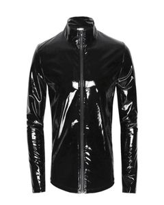 Chemise Sexy en cuir PVC brillant pour homme, veste vernie métallique brillante, hauts sexy, gaine façonnante érotique, manteau décontracté en Latex 9483021