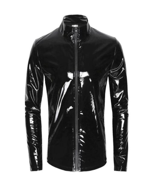 Camisa de cuero de PVC brillante para hombre, chaqueta Sexy metálica brillante, Tops, funda moldeadora erótica Sexi, abrigo informal de látex 8538622