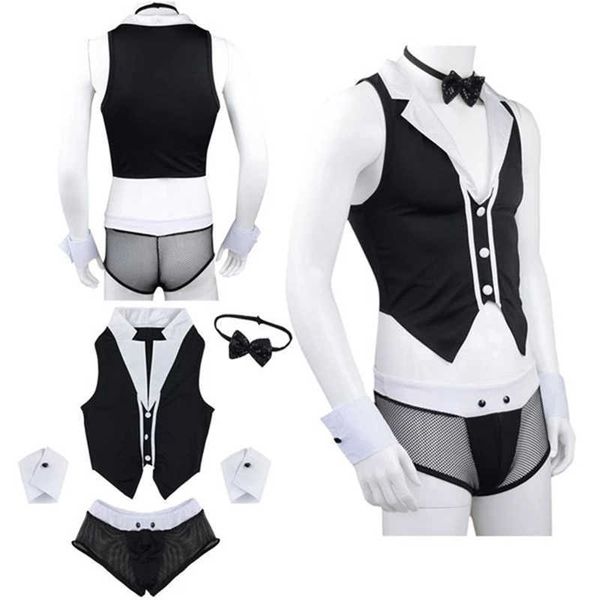 Mens Sexy Maid Role Play Cosplay Trajes Tops Boxer Calzoncillos Ropa interior con cuello Esposas Conjunto de lencería Abrigos de Halloween Y0903