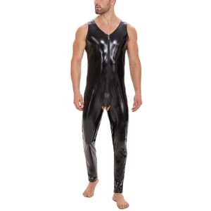 Mens sexy open kruis glanzende jumpsuit erotische wetlook lederen turnard crotchless mannelijke man uit één stuk bodysuit gay clubwear sexi catsuit kostuums