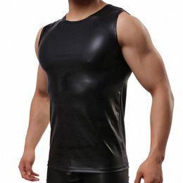Heren Sexy PU Lederen Tank Tops Sleevel Shirts Erotische Sha Stretch Schede Slanke Vest Gay Hemd Gladde Spier Streetwear k9zt #