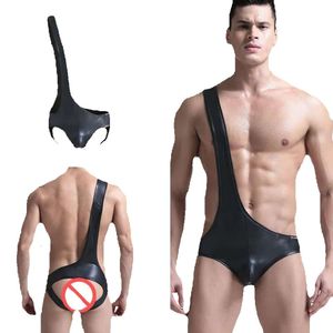 Heren sexy rompertjes lakzwarte hemdjes B B lederen jumpsuit slanke taille bodysuit erotische homo stripper mouwloze blouse Underqwear body GG gebrek odysuit luis ody