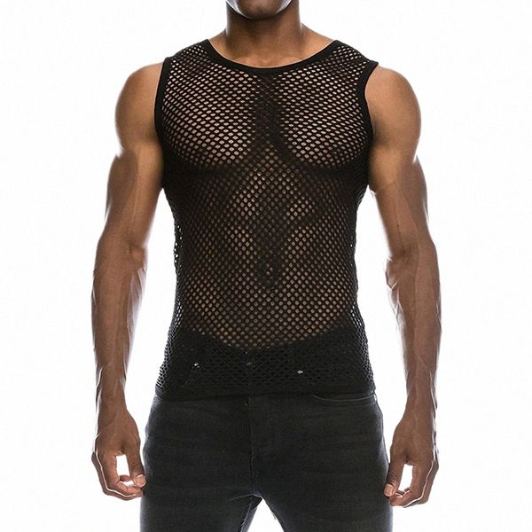 Hommes Sexy Débardeur Transparent Mesh Undershirt Résille Gilet String Chemises À Manches Mâle Voir À Travers Nuit Clubwear Slim Sport B7PS #