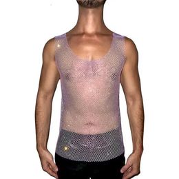 Mens Sheer Bling Tank Tops Mesh Fishnet Sleeveless Vest Top Hollow Out Flash Diamond Tank Shirt Sexy Tops to Show Muscle 240530