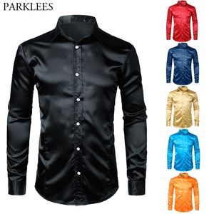 Mens Shinny Silk zoals Satin Luxury Dress Shirts Merk Mannen Bruiloft Prom Tuxedo Mannelijk Casual Shirt Camisa Masculina Zwart 210721