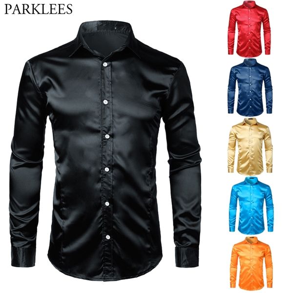 Mens Shinny Silk Like Satin Luxury Dress Shirts Brand Men Wedding Prom Tuxedo Male Casual Shirt Camisa Masculina Black 210721