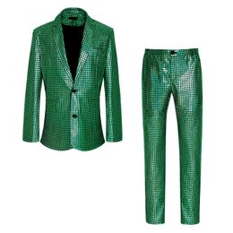 Trajes de lentejuelas metálicas verdes brillantes para hombre Blazer con pantalones Conjunto de dos piezas Traje 70 Discoteca Discoteca Traje de fiesta Homme 4XL 240102
