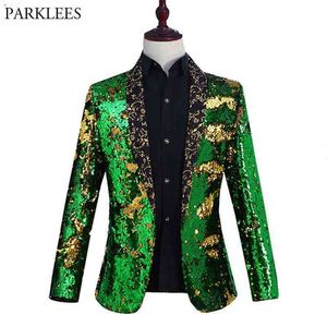 Mens Shiny Green Sequin Gitter Blazer Jas Mannen Nachtclub Prom Sjaal Collar Pak Blazer Mannen Wedding Stage Kostuums voor Zangers 210522