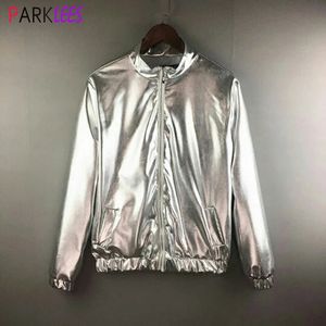 Veste métallique argent brillant pour hommes années 70 Disco Dance Party de Noël Varsity Jacket Zip-up Baseball Bomber Vestes Manteaux Jaquetas 231229