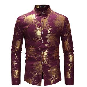 Heren Shirt Goud Rose Shirt Mannen Bloemenprint Luxe Slanke Lange Mouw Heren Overhemden Zwart Social Business Mannen Shirt Aziatische Size2682