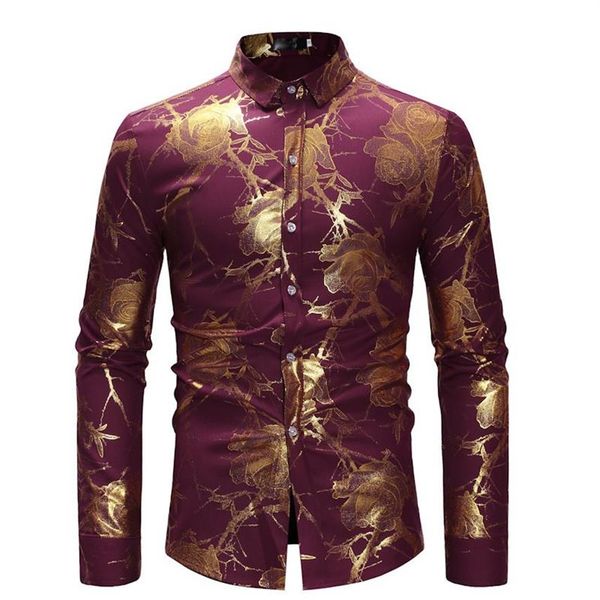 Camisa para hombre Camisa rosa dorada para hombre Estampado floral Camisas de vestir de manga larga delgadas de lujo para hombre Camisa negra para hombres de negocios sociales Tamaño asiático 291G