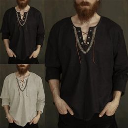 Chemise pour hommes pull mode Vintage mince à manches longues haut décontracté respirant Viking avant à lacets chemises camisas de hombre 220813