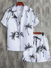 Heren shirt sets 3d print strand kokosboom plaid revers revers korte mouw casual shorts zomer streetwear hawaiian pakken 240507