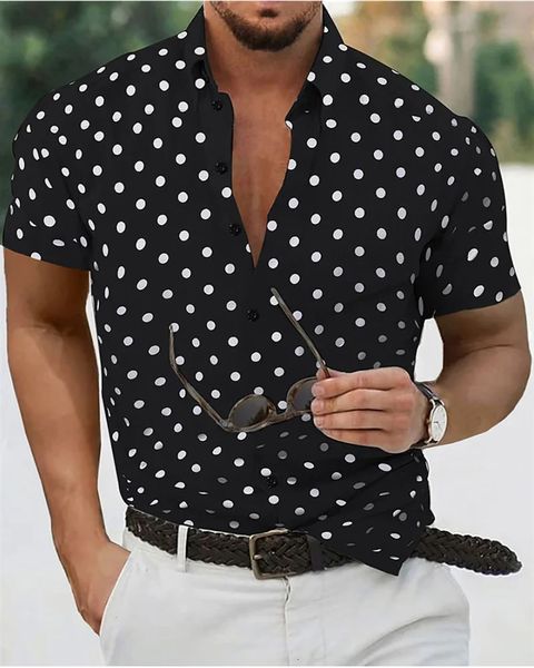 Chemise masculine Summer plage noir et blanc manche courte à pois