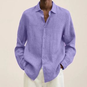 Camisas para hombre Tops casuales de lino de algodón 2023 Primavera Verano Blusas de manga larga de color sólido Ropa superior masculina de un solo pecho 240306