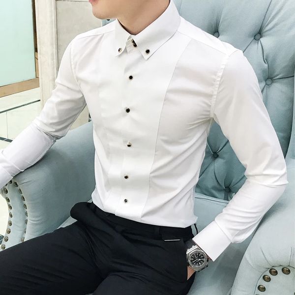 Camisas para hombre de marca de lujo, camisas elegantes de manga larga para hombre, ropa ajustada, camisas de vestir informales para hombre, formales, negro/blanco 240327