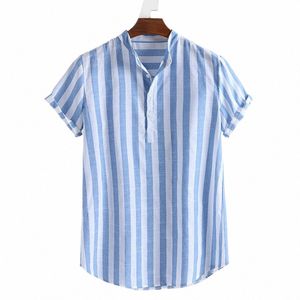 Chemises pour hommes imprimé rayé Cott lin été plage chemises hawaïennes à manches courtes chemises pour hommes Chemise Homme vêtements O2Ab #