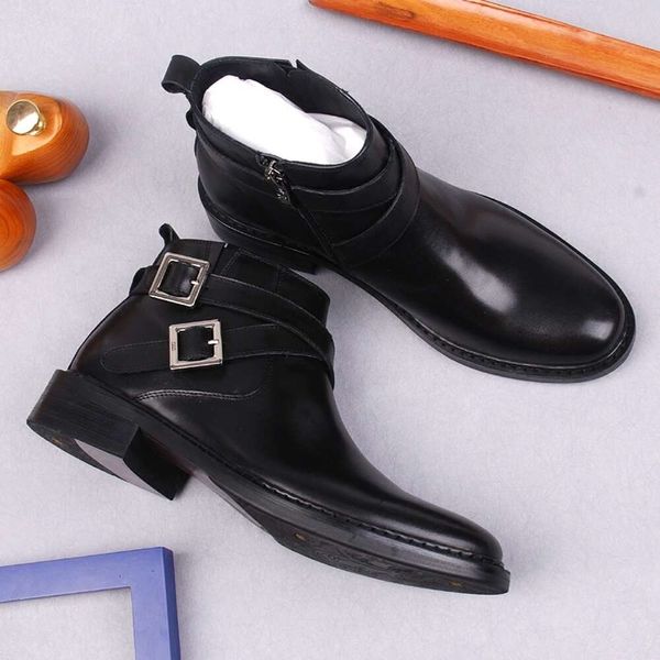 Hommes chaussures cheville hommes bretelles croisées noir enterrer fermeture éclair pantalon pour robe botte en cuir véritable homme bottes