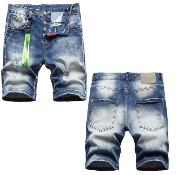 Jeans pour hommes en denim court trous droits jeans serrés décontracté été boîte de nuit bleu coton hommes pantalons style italien longueur au genou empilé