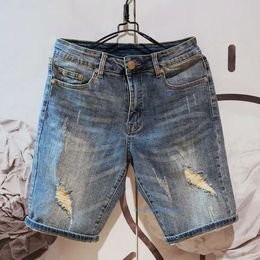 Heren Korte Designer Jeans voor rechte gaten strakke casual zomer Hip Hop Street broek gescheurd Patch Letter Print Denim Shorts Boy Cowboy Pants Man Outfit