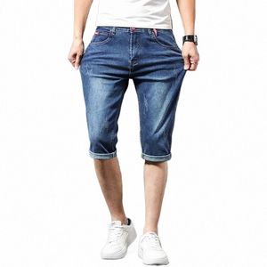 Heren Korte Jeans Zomer Nieuwe Bermuda Casual Stretch Blauw Knielengte Cropped Broek Slanke Mannelijke Denim Shorts 560u #