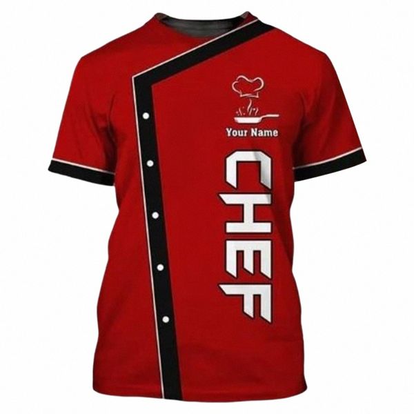 Hommes à manches courtes 3D Imprimer T-shirt Chef Uniforme Cook Food Service Tops pour Hôtel Restaurant Cuisine Cantine Pâtisserie Boulangerie A58s #