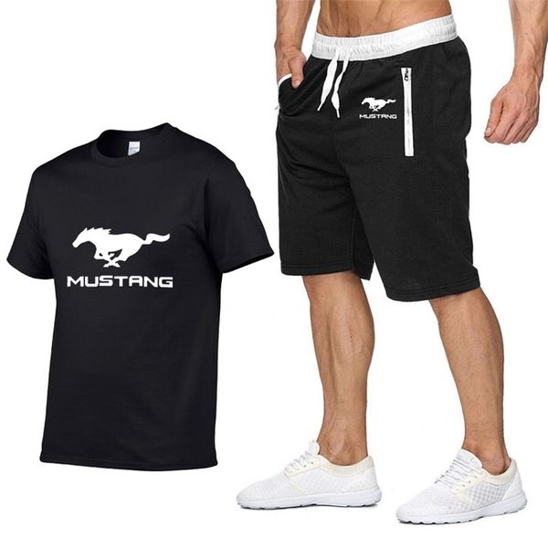 Hommes à manches courtes Mustang voiture Logo été Hommes t-shirt Harajuku T-shirt coton de haute qualité T-shirts shorts costume 2Pcs Sportswear T200224