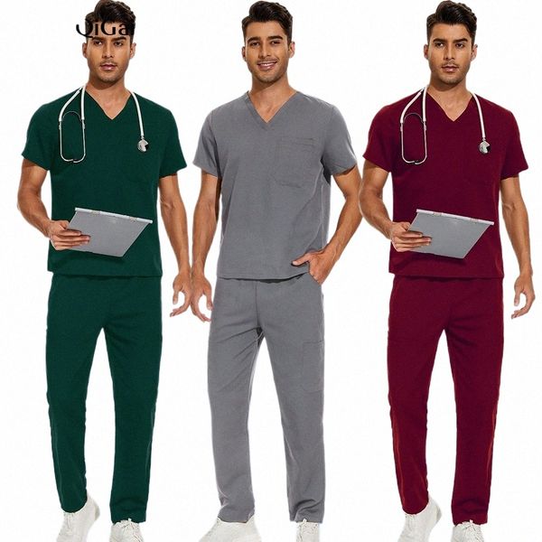 Hommes à manches courtes Scrub Tops Pantalon médical Infirmière Uniforme Dentiste Salopette Médecin T-shirt Pantalon Clinique Beauté Sal Ensembles de travail X7aV #