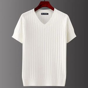 Heren korte mouw t -shirts vneck casual breien gestreepte tops allmatch vaste kleur pullover zacht slank fit ademend t -shirt 240412