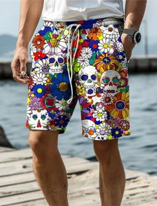 Shorts pour hommes 2024 Skull Flower Graphic Resort 3D Board Swim Trunks Elastic Twisch Crochet Hawaiian Style Holiday Beach