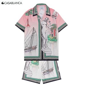 Heren shorts casablanca zomer volledig scherm geruit bedrukt zijden overhemd set hoogwaardige revers korte mouw casual Beachwear Masao San heren losse jurk