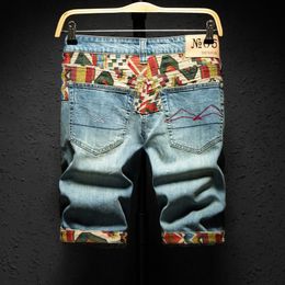 Heren shorts Chinese stijl borduurwerk denim shorts heren mode gat gescheurd slanke retro blauw gewassen korte jeans mannelijke straat knielengte broek 230413