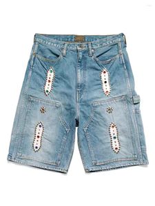 Heren shorts Kapital 23ss blauw geverfde retro distressed losse klinknagel-ingelegde edelsteen denim