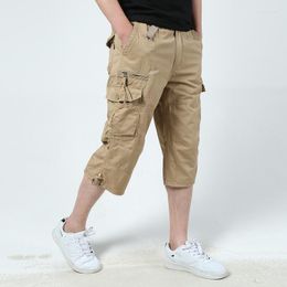 Pantanos cortos de carga larga hombres de carga verano kn múltiple bolsillo casual algodón elástico cintura brches pantalones recortados22