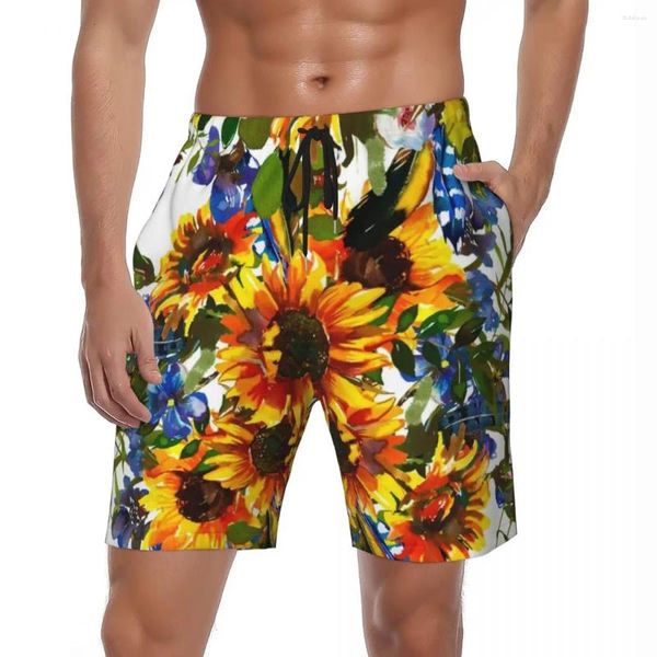 Pantalones cortos para hombre tablero de girasol pintado verano diseño único de girasoles elegante playa hombres deportes bañadores de secado rápido