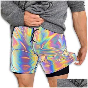 Pantalones cortos para hombre Rainbow Reflectante Hombres Corto Casual Trabajo Club nocturno Pantalones para correr Hip Hop Ourdoor Entrenamiento Jogger Moda Oversize Drop D