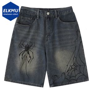 Shorts pour hommes y2k bleu denim spider cobweb imprimé été lâche jeans occasionnel mode harajuku hip hop streetwear pour hommes 230617