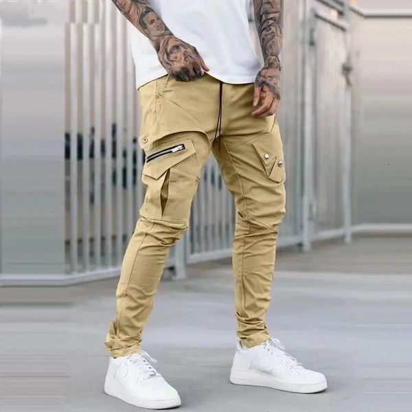 Pantage de poche latérale pour hommes zipper noir gris gris kaki hip hop joggeurs masculins décontractés pantalons de mode de mode pantalones hombre 240428