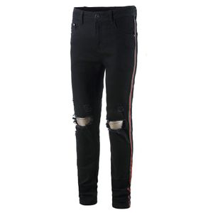 Jeans noirs à rayures latérales pour hommes pantalons crayon longs élastiques déchirés trous de style hiphop