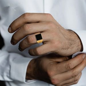 Bague chevalière pour hommes, bague supérieure ronde carrée en or jaune 14 carats, bagues fraternelles masculines Punk Rock