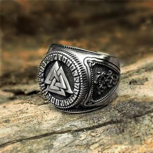 Mens Silver Color Valknut Viking Bague en acier inoxydable Futhark Runes Compass Magic Stave Odin Taille réglable Bague Nordic Jewelry280F