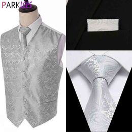 Hommes argent Paisley gilet cravate poche carré gilet costume ensemble pour smoking mariage marié robe de soirée gilet pour homme Chaleco 210522