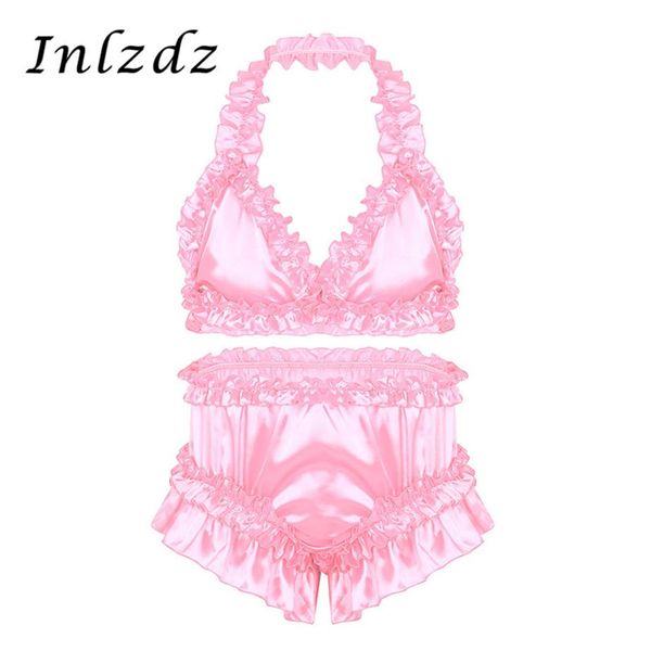 Hommes Sissy Crossdresser Lingerie Costume Satin Froufrous À Volants Ensemble De Lingerie Hauts De Soutien-Gorge avec Culottes Bloomers Slips Sous-Vêtements Gay Set3013