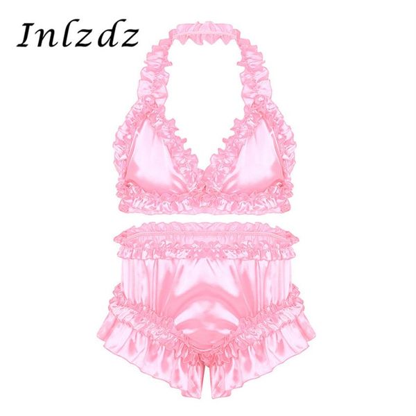 Mens Sissy Crossdresser Lingerie Suit Satin Frilly Ruffled Lingerie Set Bra Tops avec Culotte Bloomers Briefs Gay Underwear Set276i