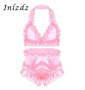 Mens Sissy Dresser Lingerie Suit Satin Frilly Ruffled Lingerie Set beha tops met knickers bloeiers briefs gay ondergoed set9302097