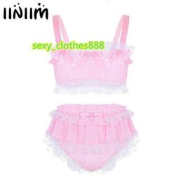 Hommes Sissy Fun Lingerie Ensemble À Volants En Dentelle Sheer Mousseline De Soie Sans Manches Haut Court Avec Jupe Culotte De Nuit Mâle Sexy Sous-Vêtements H1214