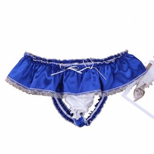 Mens Sissy dentelle jupe culotte sexy femme de chambre à volants brillant satin slips lingerie sous-vêtements f6LR #